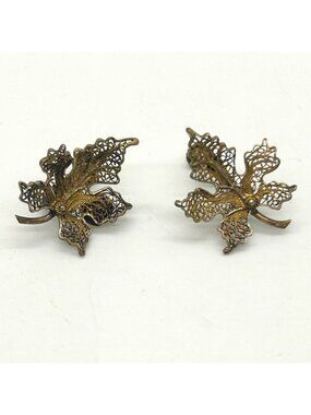 Art Deco Earrings Sterling Silver Gold-washed Filigree Leaf Made in Portugal